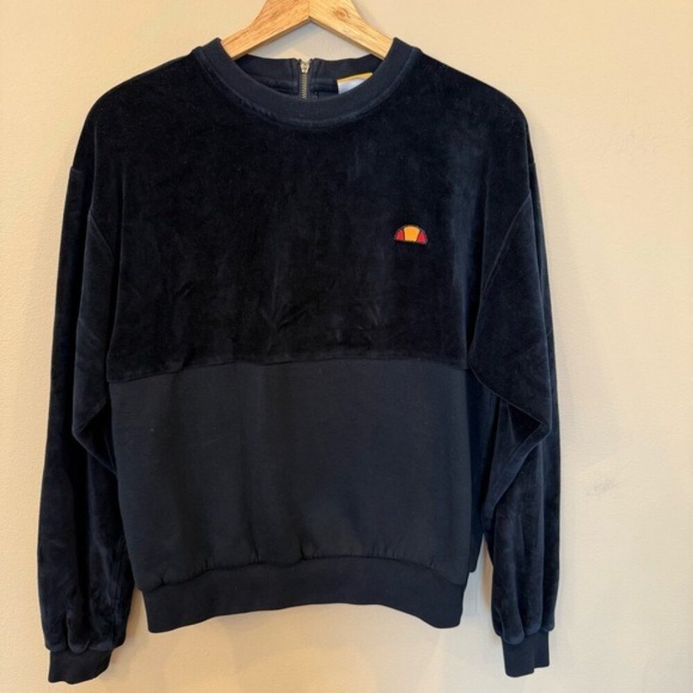 Ellesse Black Velour Panel Sweatshirt Pullover Half Zip Back Logo Crewneck Sz 8